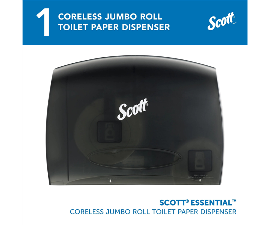 A modern restroom with a sink and mirror next to a stall, promoting products for office and high traffic restrooms. Scott® Black Essential™ Coreless Jumbo Tissue Dispenser (14.13 in. x 9.75 in. x 5.92 in., 1 Dispenser/CS)